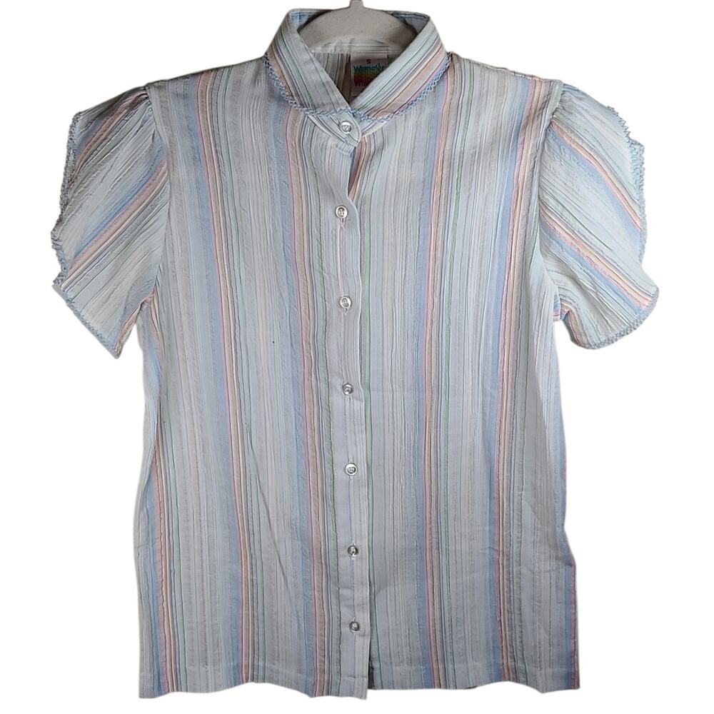 Vtg Women’s Teen Wrangler Sz SM 70s Button Up Shirt Striped Summer Petal Sleeve